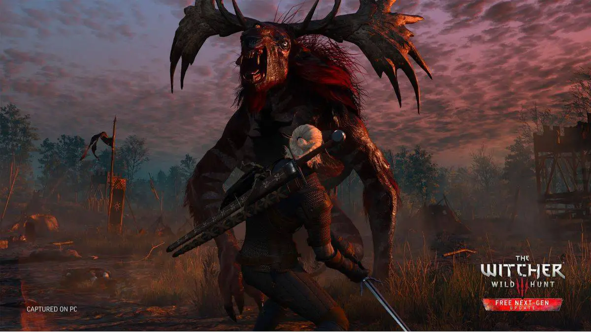 Geralt de Rivia lucha contra un gran monstruo en The Witcher 3: Wild Hunt.