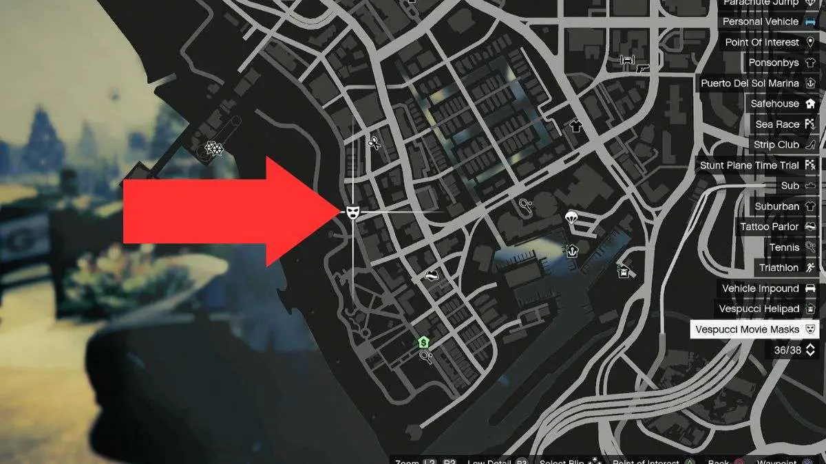 Mapa con una flecha que muestra dónde comprar máscaras en GTA V y GTA Online.