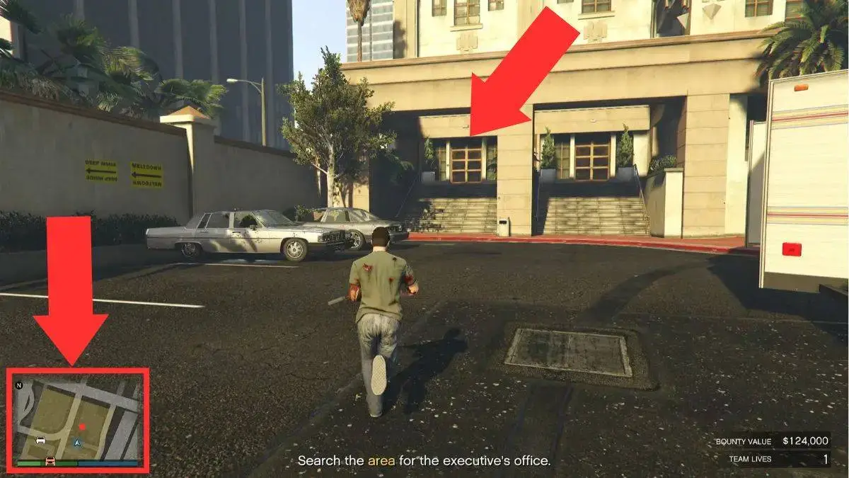 Flechas que resaltan la ubicación exacta de la oficina ejecutiva en las misiones de recompensa de GTA Online